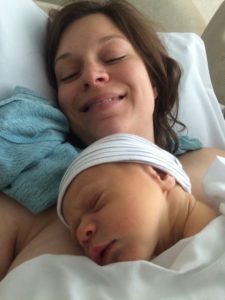 Early skin-to-skin (within the first hour of birth, or as soon as possible after birth) encourages your body to begin producing milk. Megan with her newborn baby.